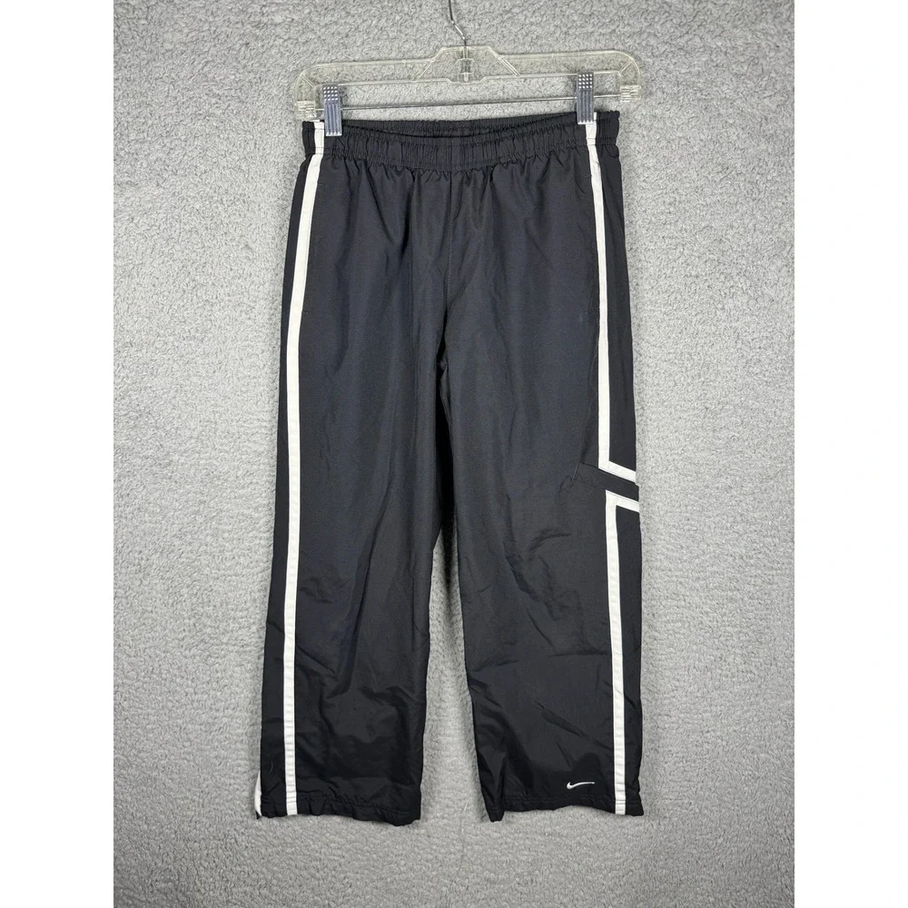 Y2K Nike Kids Track Pants Black White Side Stripe Jersey Lined Ankle Zip M 10-12